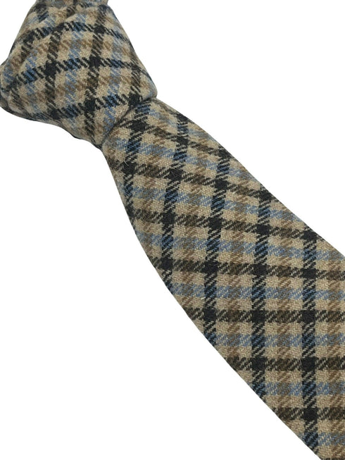 Beige taupe brown blue check wool  tie